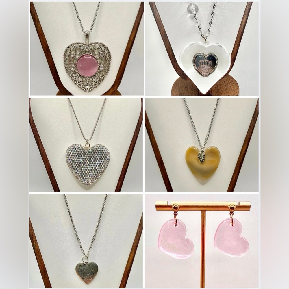Heart Jewelry Bundle 5 Necklaces + Pink Heart Earrings Valentine Lot